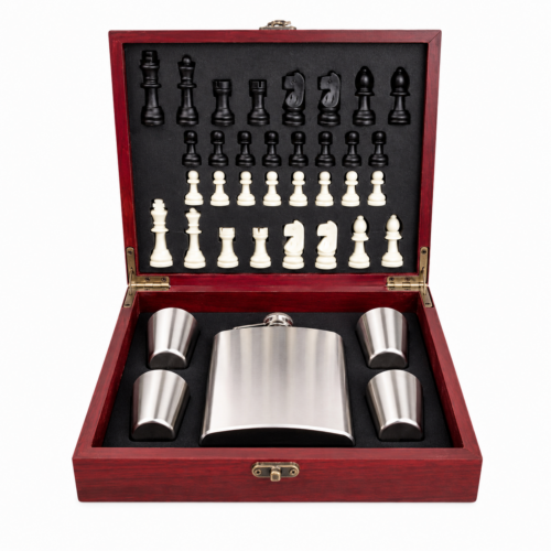 Tablero De Ajedrez + Petaca Acero Inoxidable y vasos